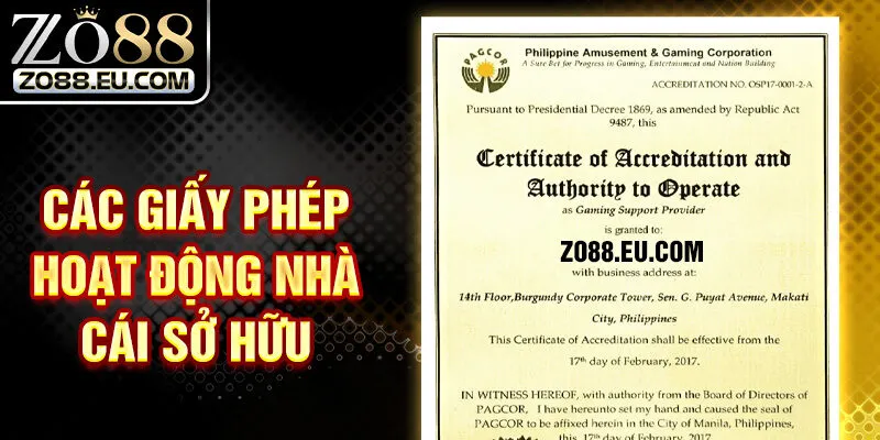 Các giấy phép hoạt động nhà cái sở hữu